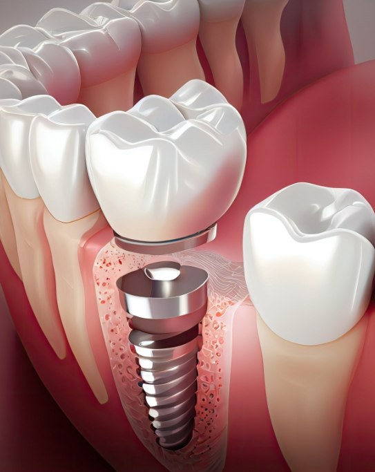 Illustration of dental crown being placed over a dental implant