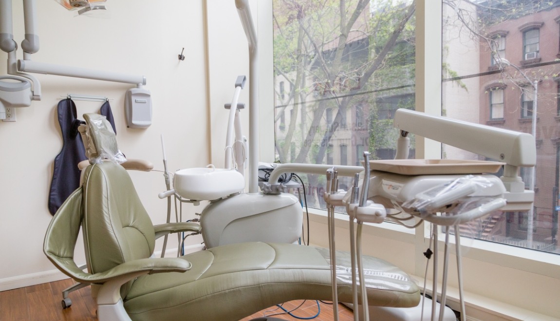 Dental chair with window with city view