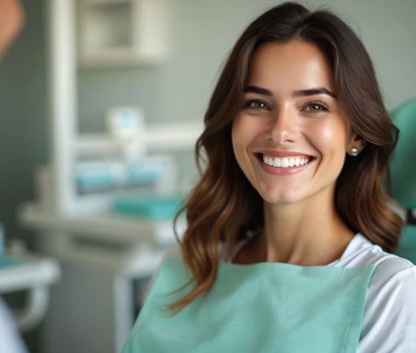 Happy, smiling patient in dental treatment chair