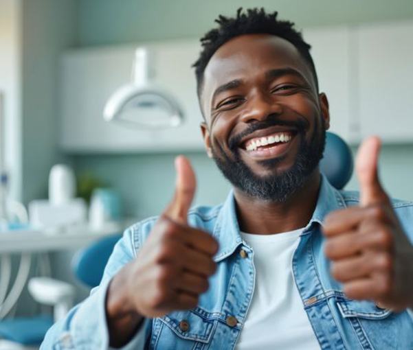 Happy dental patient making double thumbs-up gesture