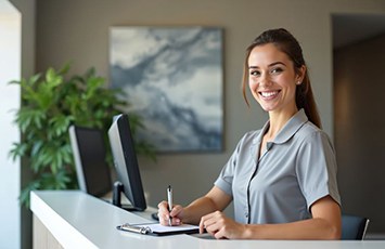 Happy dental team member standing at desk