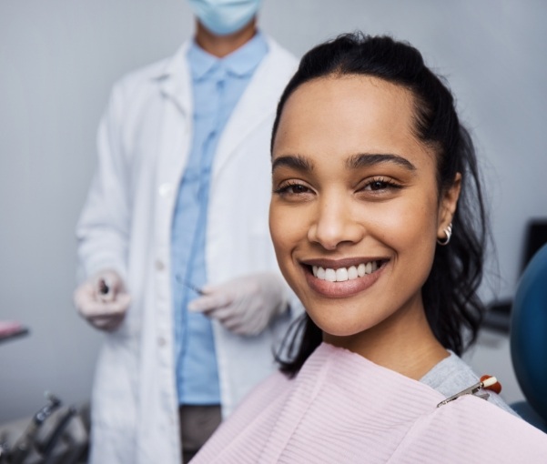 Woman grinning in dental chair