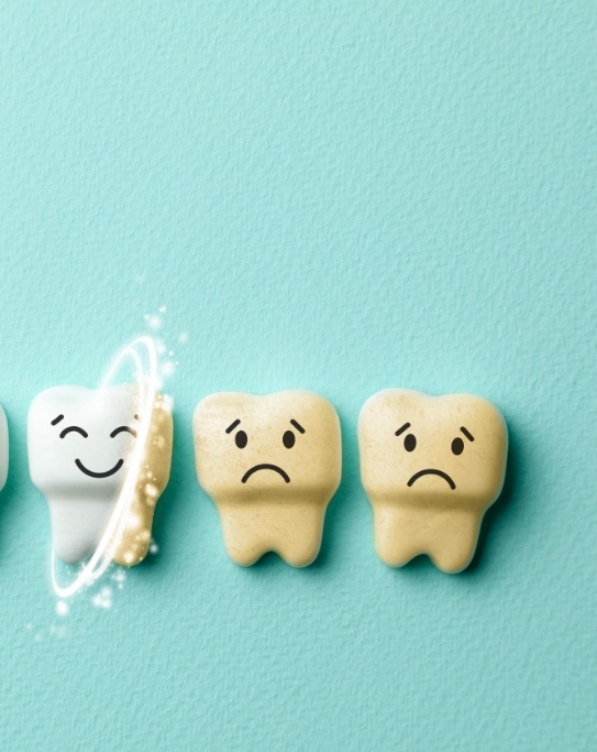 Illustration of two frowning discolored teeth next to smiling white tooth